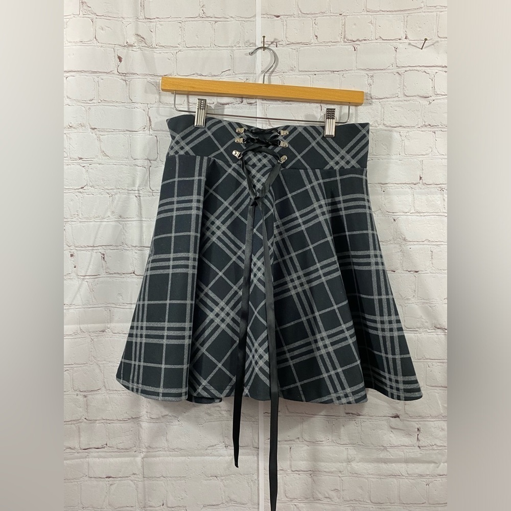Plaid Circle Skort High Lace Up Waist Mini Pleated Skirt Black Gray